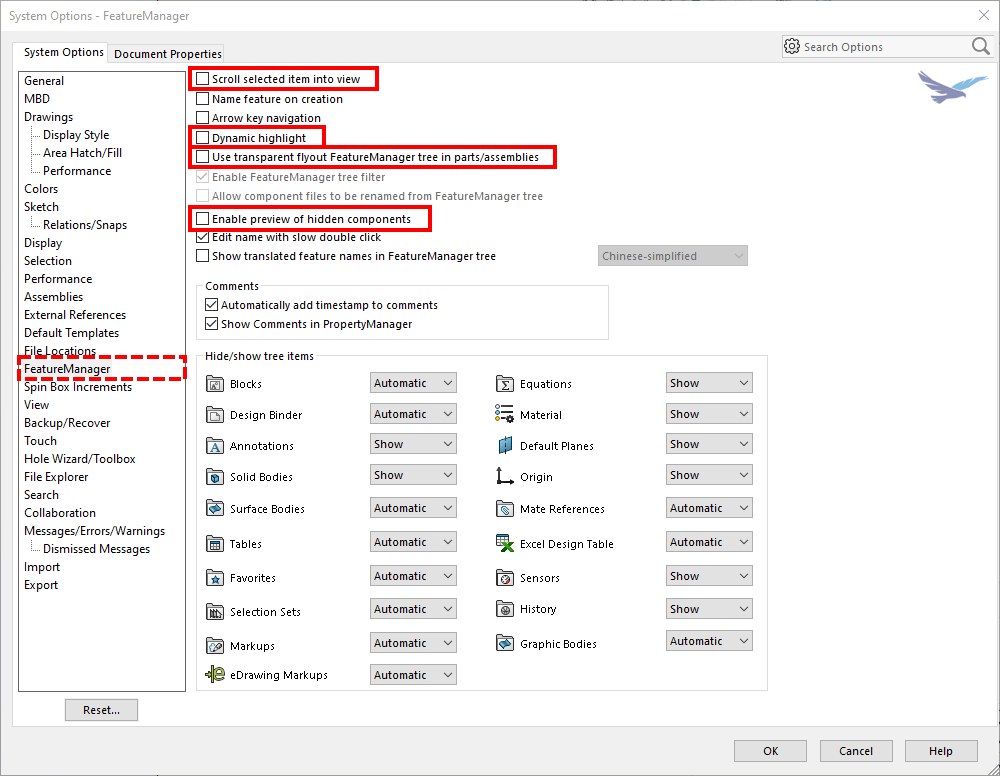 FeatureManager system options in SOLIDWORKS