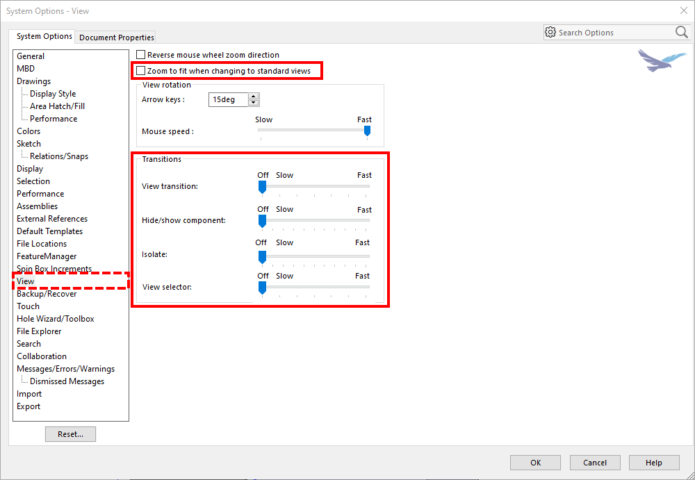 View settings in system options in SOLIDWORKS