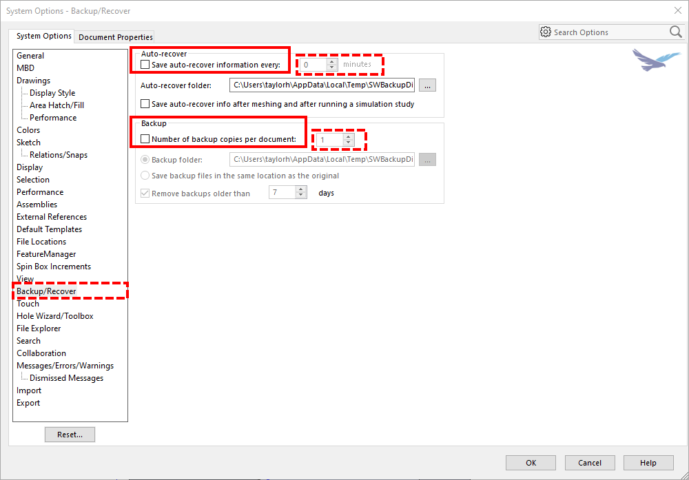 Backup and recovery system options in SOLIDWORKS