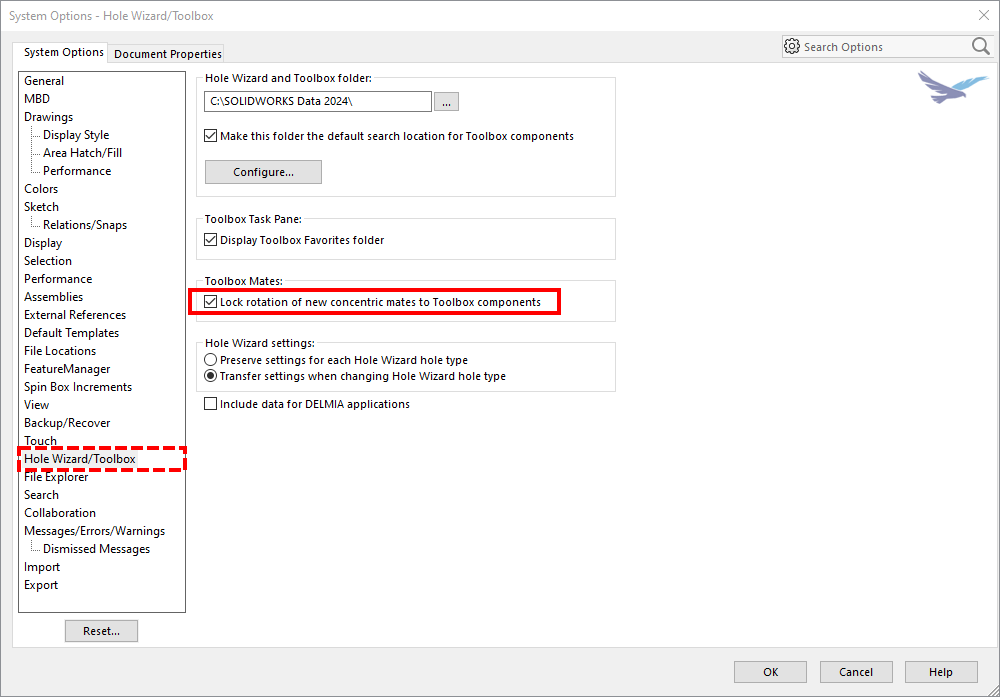 Hole Wizard and Toolbox in system options in SOLIDWORKS