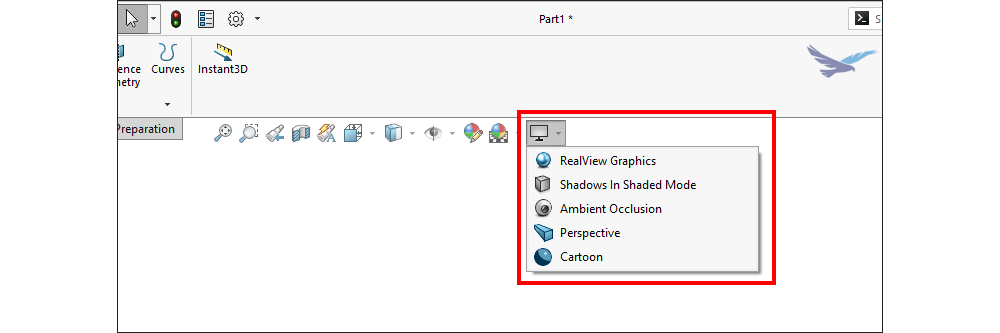 Adjusting model display in heads-up view toolbar in SOLIDWORKS 