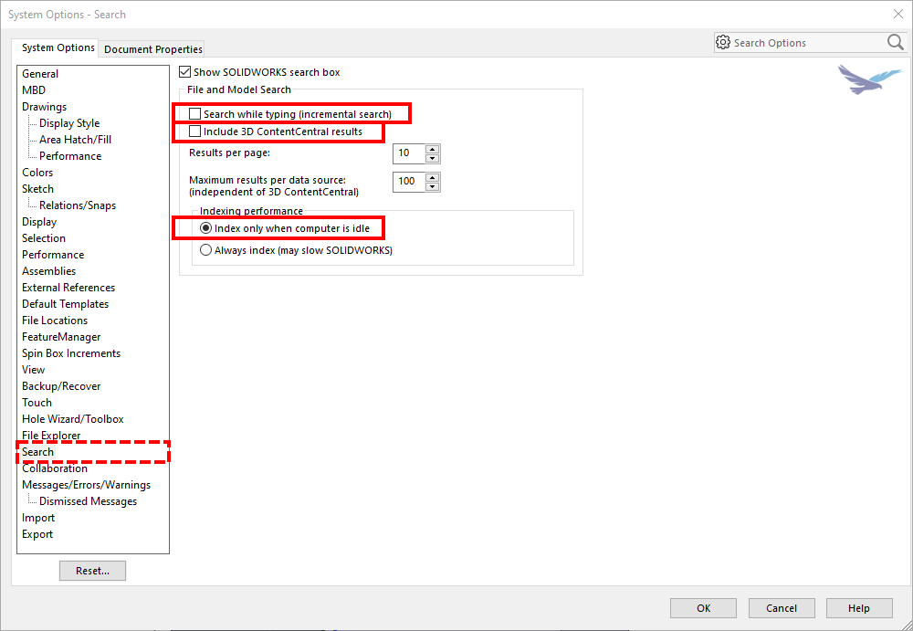 Search settings in system options in SOLIDWORKS