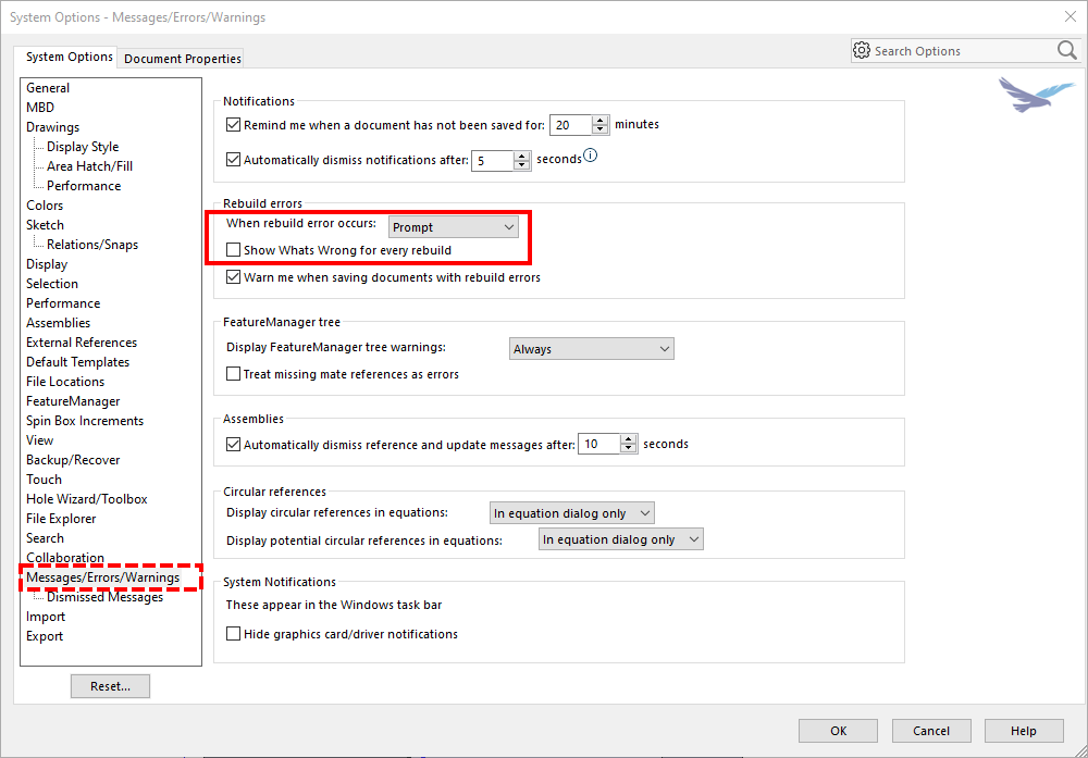 Messages, errors, and warning settings in system options in SOLIDWORKS