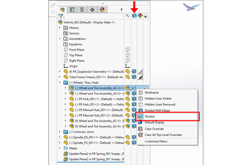 How to change the model display to shaded in SOLIDWORKS