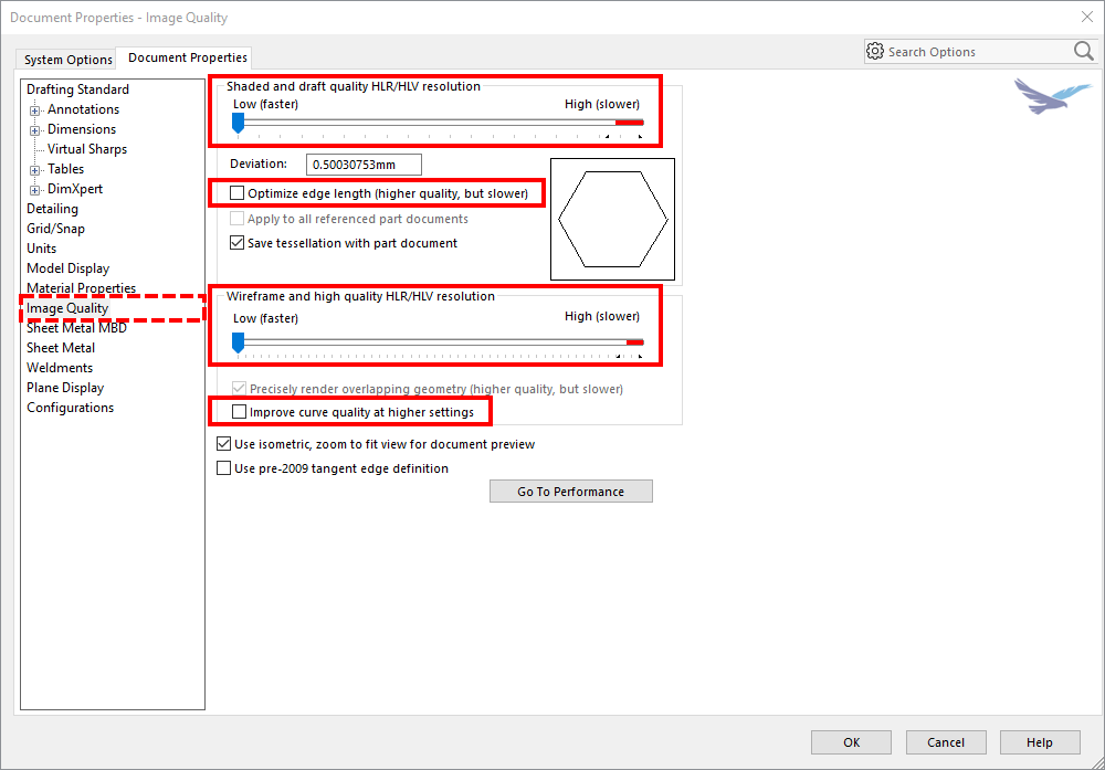 Adjusting image quality settings in SOLIDWORKS