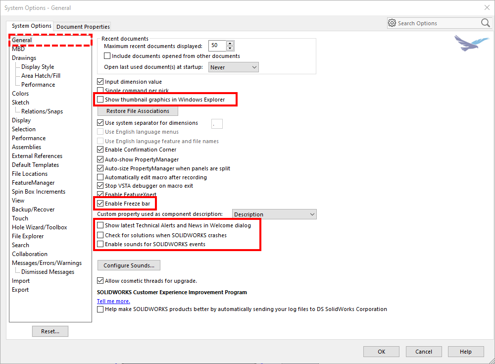 General settings in system options in SOLIDWORKS