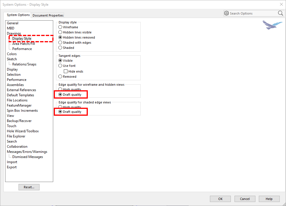 Drawing settings display style in SOLIDWORKS