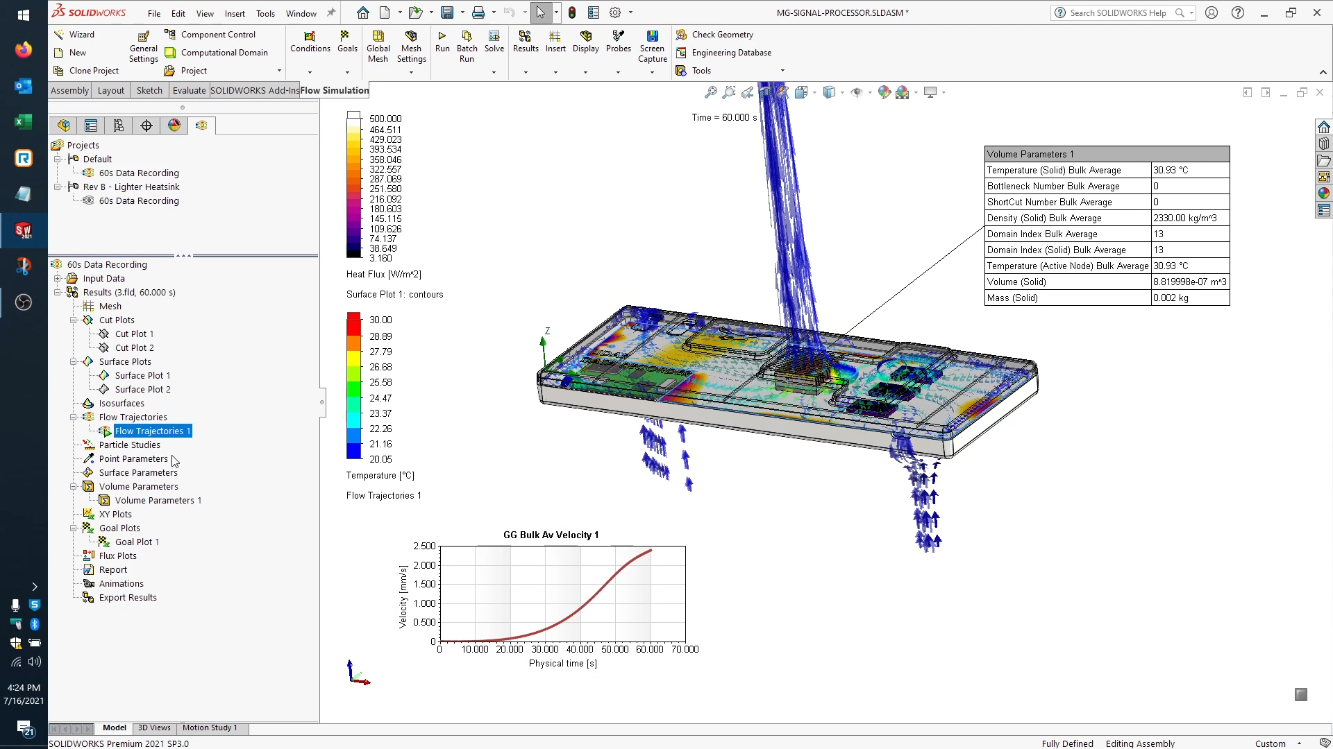 SOLIDWORKS Flow Simulation thermal analysis of a processor board with flow trajectories and goal plots — thermal and CFD simulation project