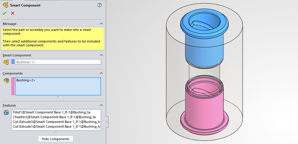 Making a bushing and its hole a Smart Component in SOLIDWORKS