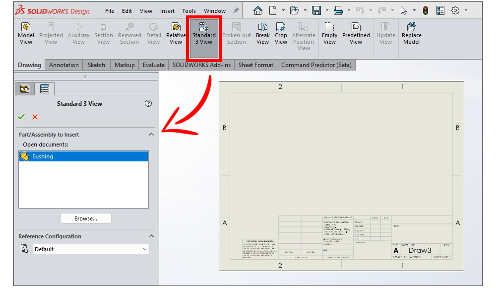 Standard 3 View tool in SOLIDWORKS automatically inserting front, top, and right orthographic views into a drawing