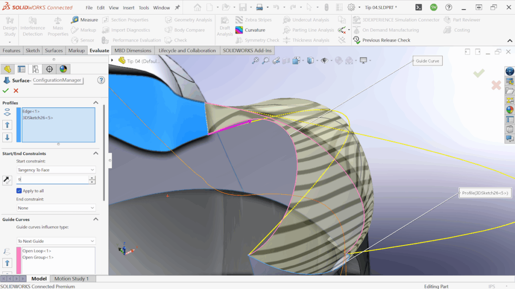 Solidworks surfacing tips using tangency to face in the solidworks user interface