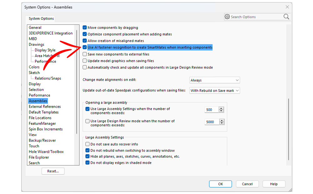 Systems Option menu to turn on AI fastener recognition in SOLIDWORKS
