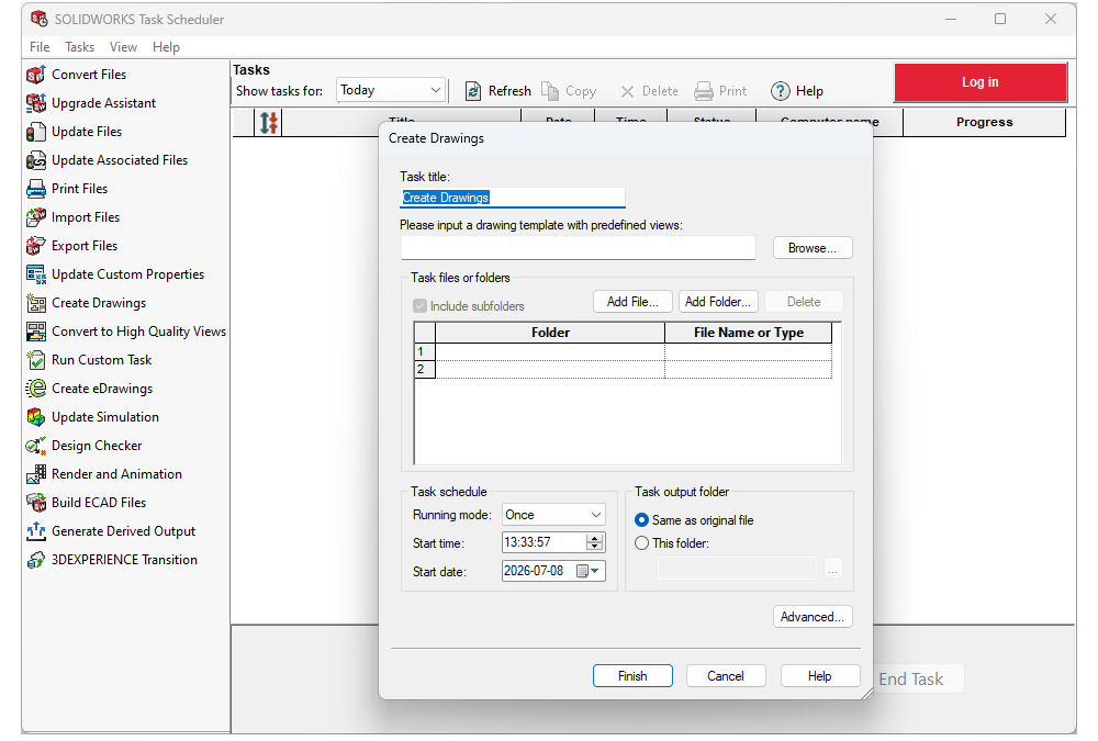 SOLIDWORKS Task Scheduler Create Drawings task set up to batch-generate drawings automatically on a schedule