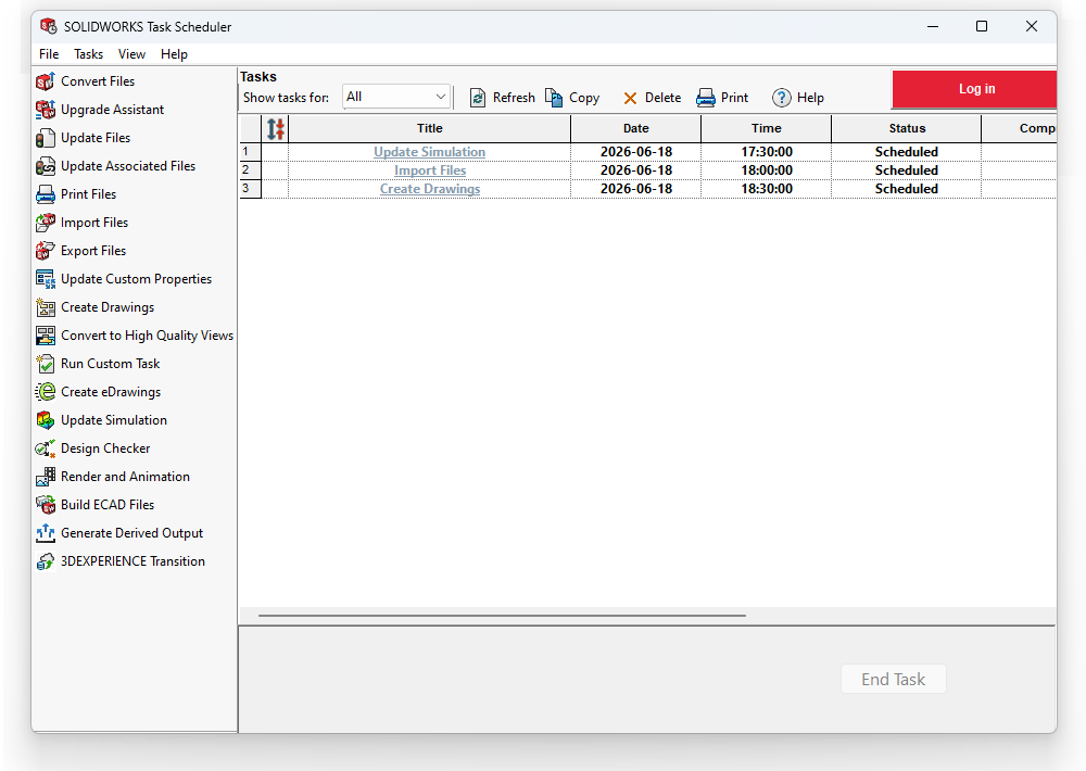 Task Scheduler option menu in SOLIDWORKS