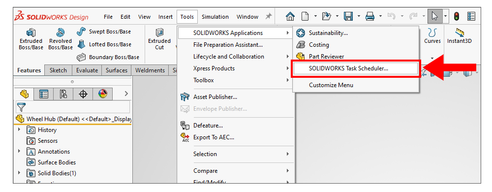 SOLIDWORKS Task Scheduler under Tools menu