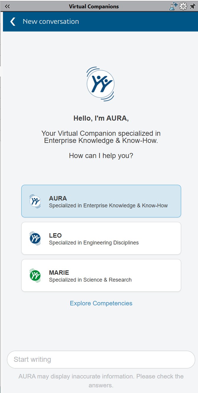 SOLIDWORKS Virtual Companions task pane showing the AURA, LEO, and MARIE AI agents ready for a new conversation