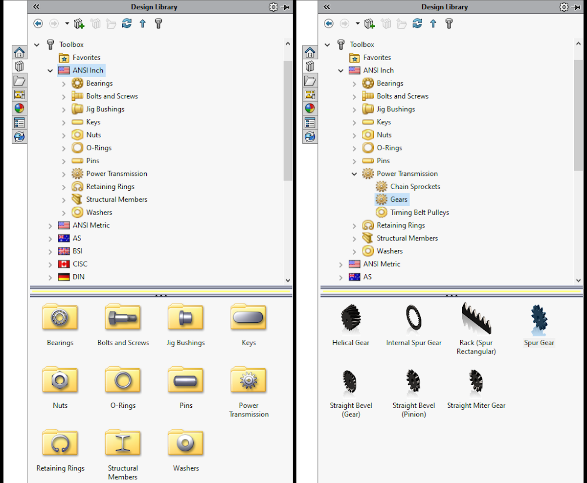 Gear types in the SOLIDWORKS toolbox