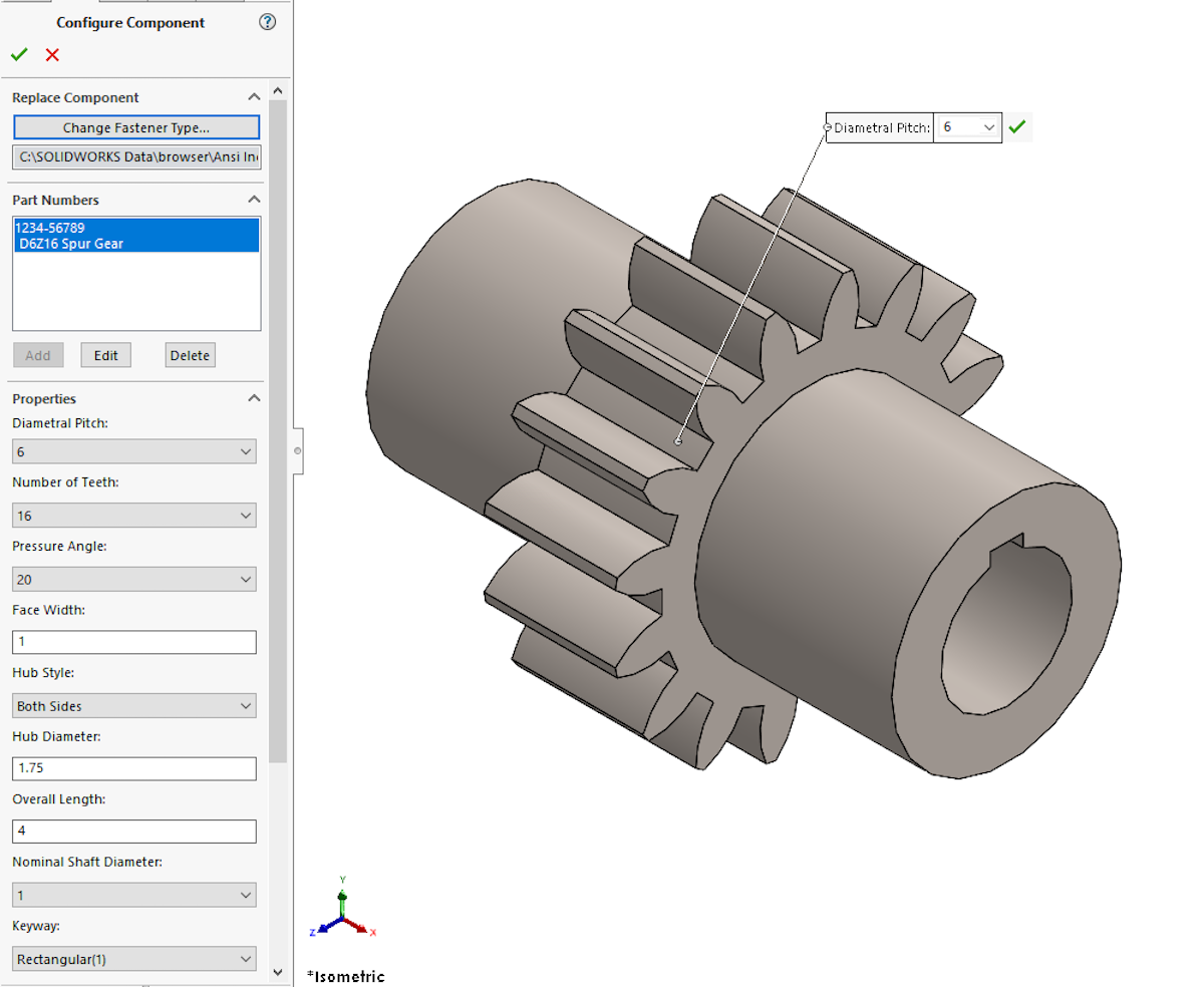 Modifying parameters for a spur gear in SOLIDWORKS