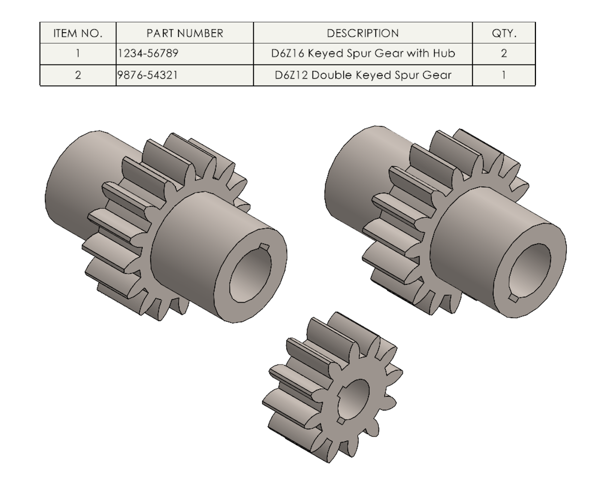 Spur gear assembly drawing with bill of materials