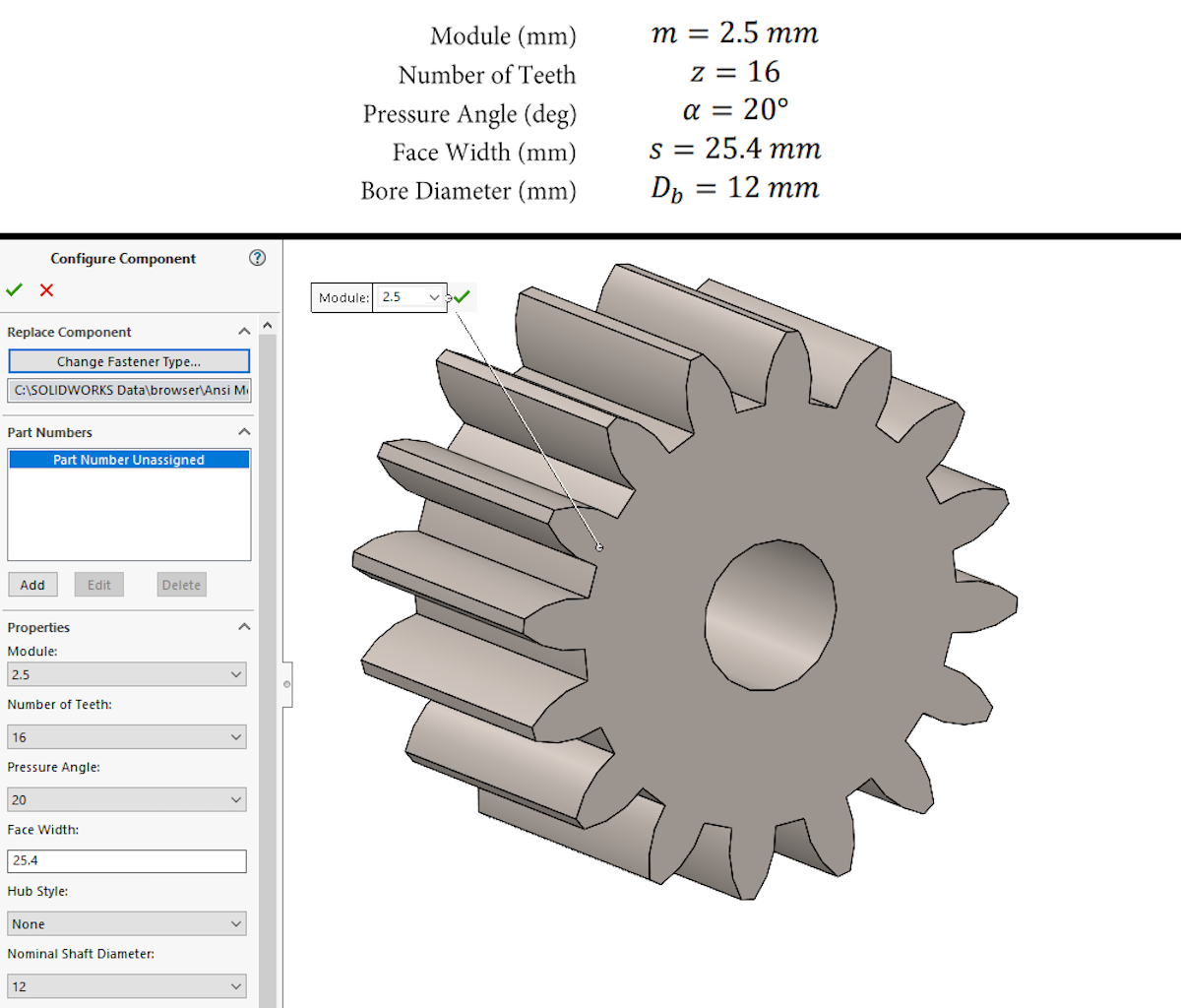 Sample toolbox spur gear in SOLIDWORKS