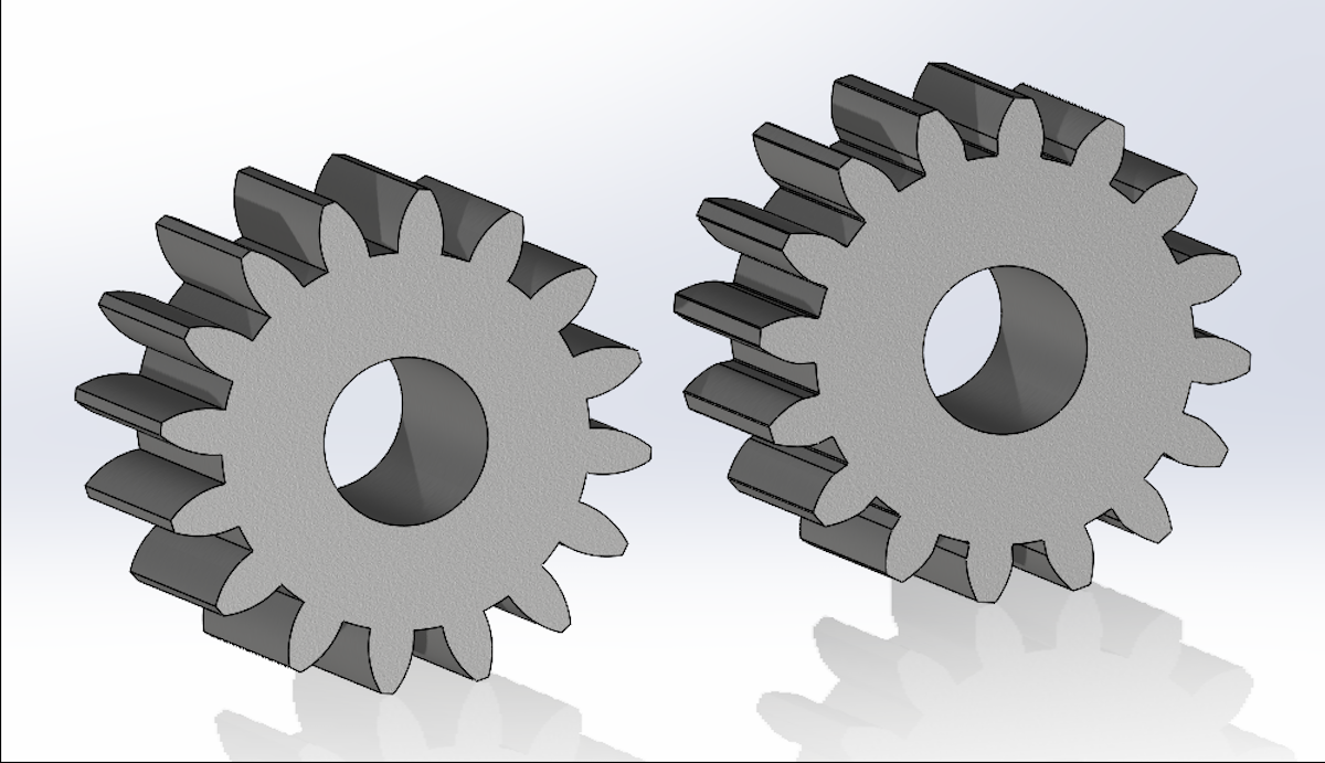 Two spur gears created in SOLIDWORKS