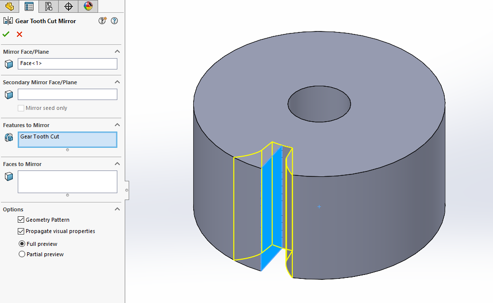 Gear Tooth Cut Mirror in SOLIDWORKS