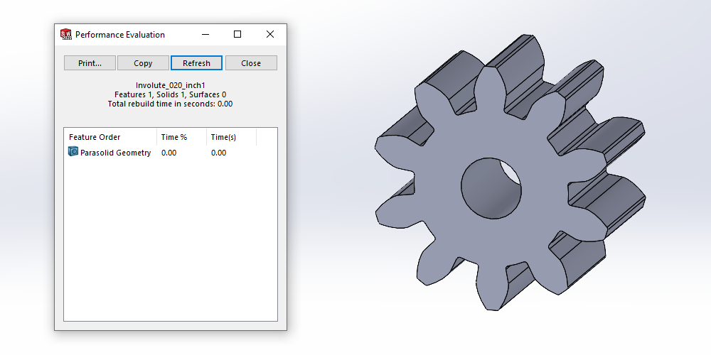 Performance evaluation using parasolid geometry to minimize rebuild time