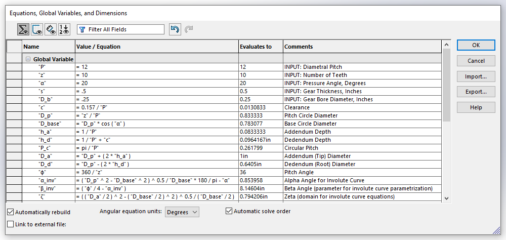 Equation, global variables, and dimensions in the SOLIDWORKS equation manager