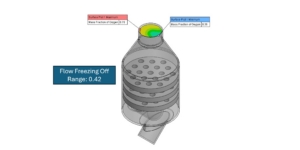 Steady-state flow simulation of a gas mixer with Flow Freezing off, showing oxygen mass fraction from 0.36 to 0.78 at the outlet and a range of 0.42.