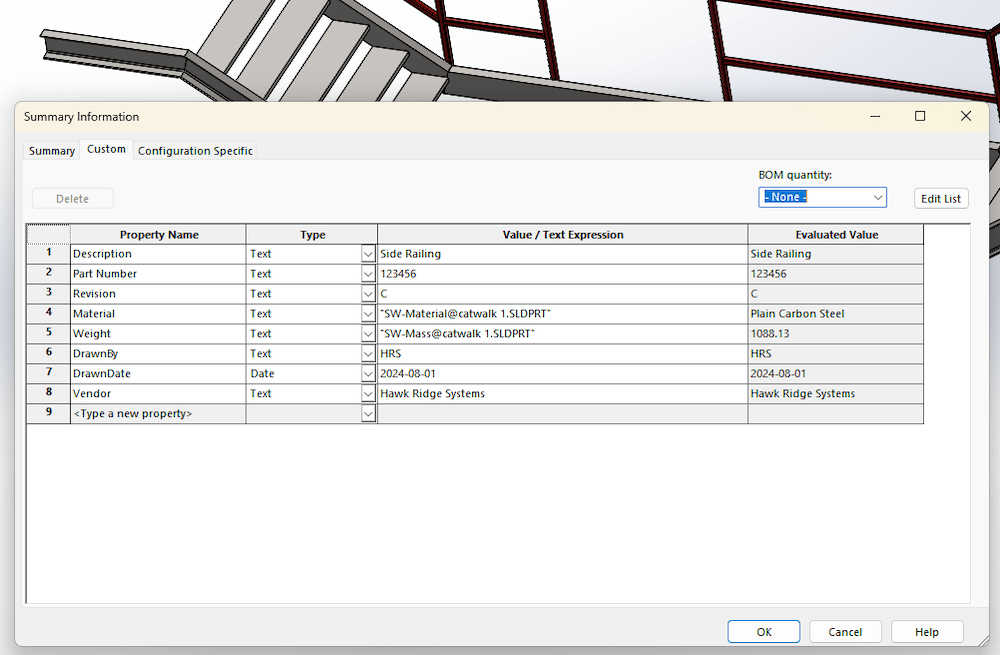 Custom properties of a SOLIDWORKS model 