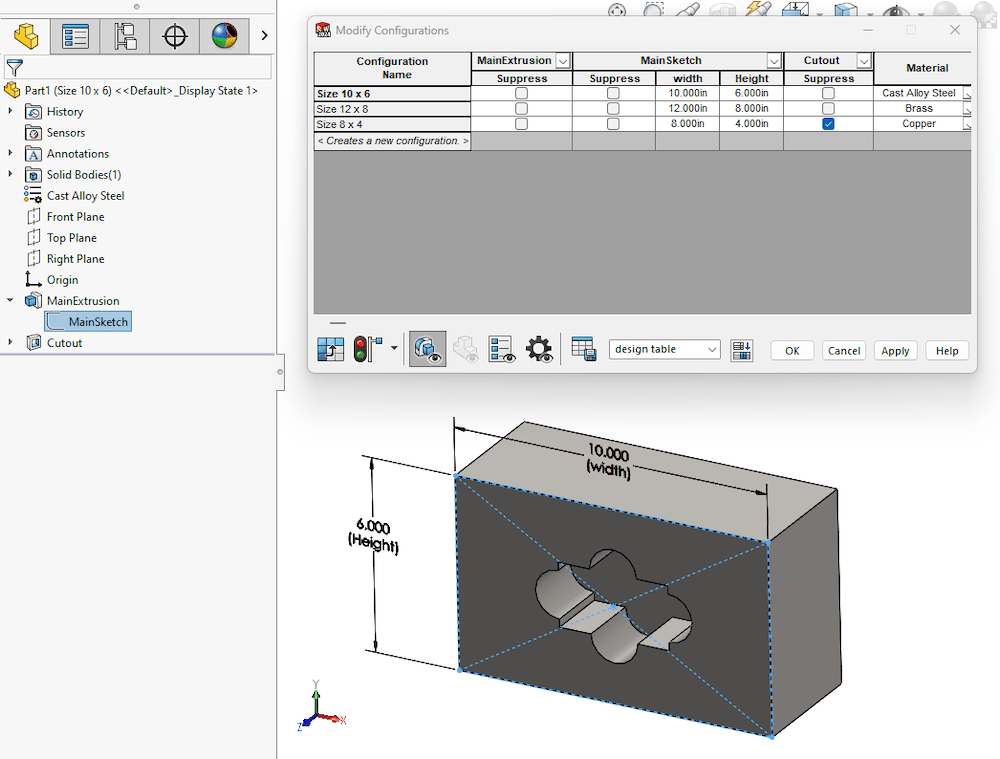 Using configurations in SOLIDWORKS to create various sizes and versions of part