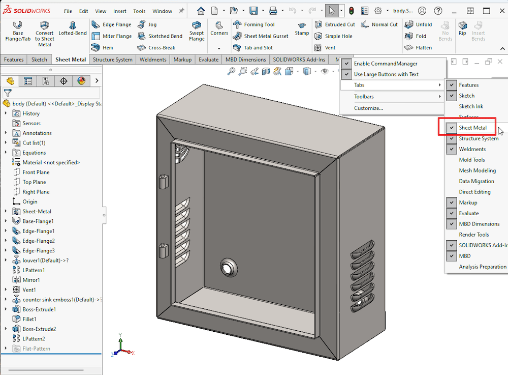 Sheet metal commandmanager in SOLIDWORKS