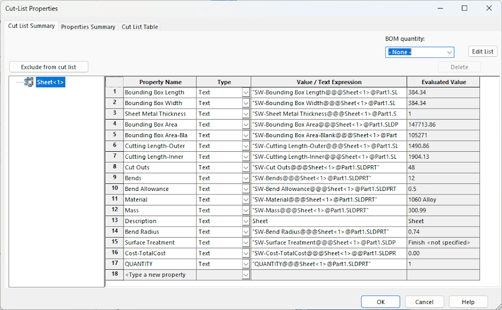 Automated sheet metal cut list properties in SOLIDWORKS