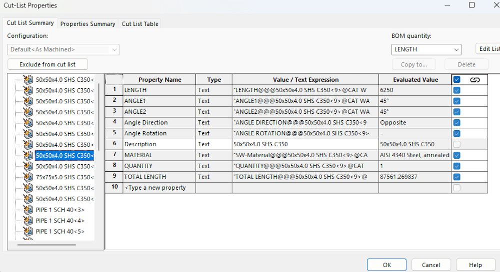 Cut list properties for structural member design in SOLIDWORKS