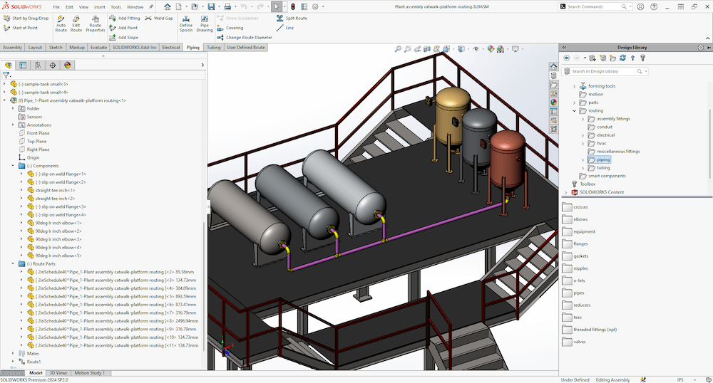 Partial view of a SOLIDWORKS piping and tubing design