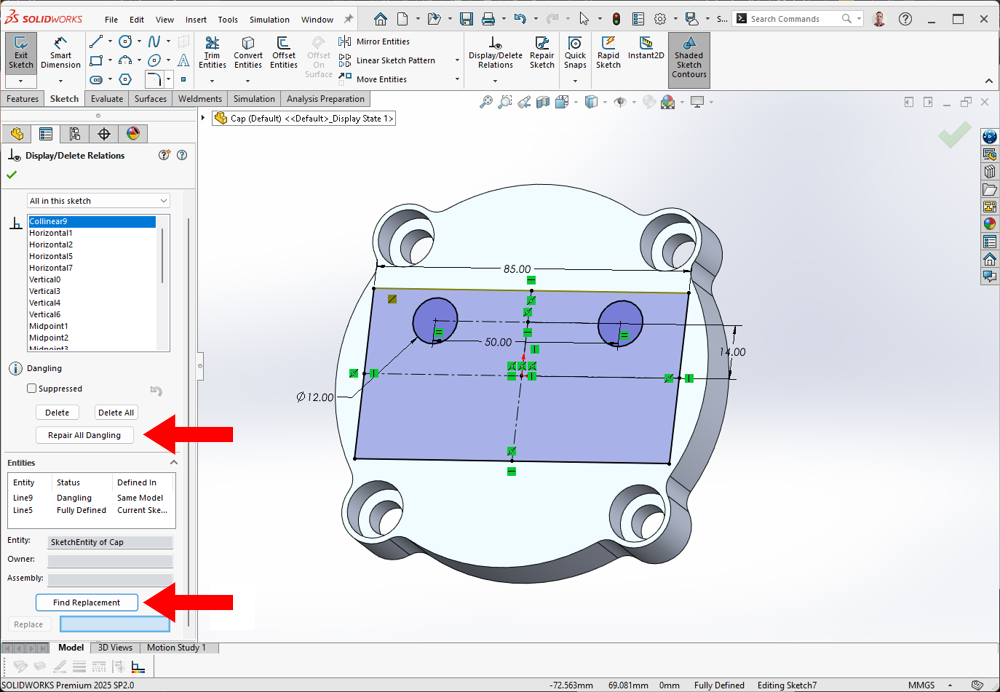 how to auto repair sketch relations in solidworks
