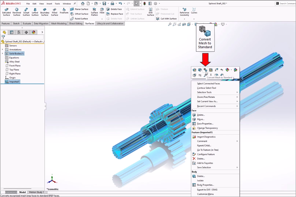 Convert mesh to standard tool in solidworks