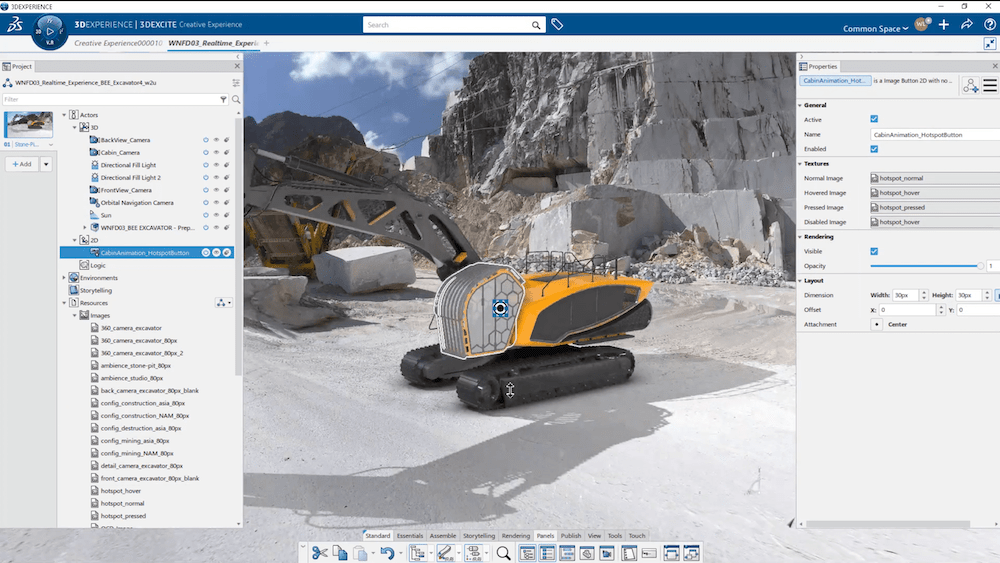 Rendering process of a construction equipment in 3D Demonstrator in SOLIDWORKS Ultimate