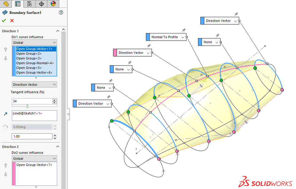 Using boundary surface in SOLIDWORKS to control dimensions, connector locations, and more at every set of curves that make up a surface 