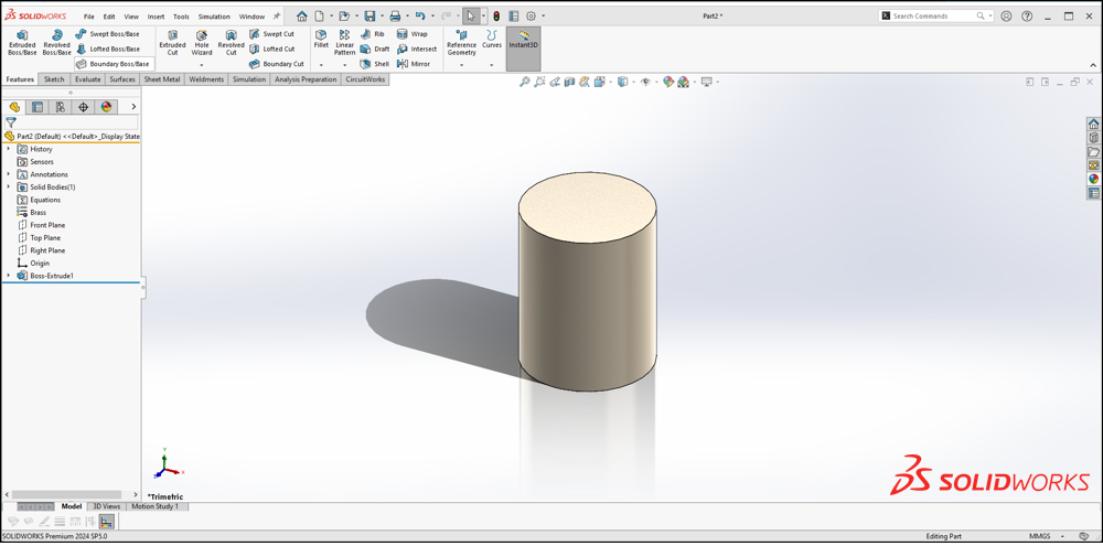 A cylindrical model in SOLIDWORKS CAD user interface