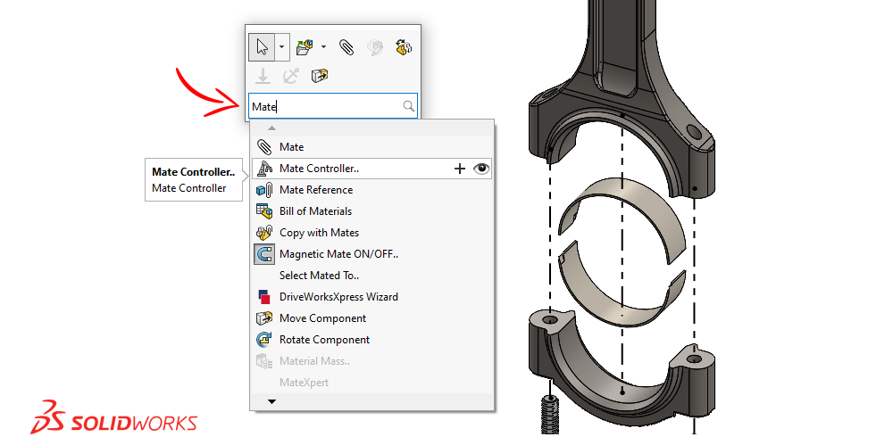 The search functionality within the SOLIDWORKS user interface