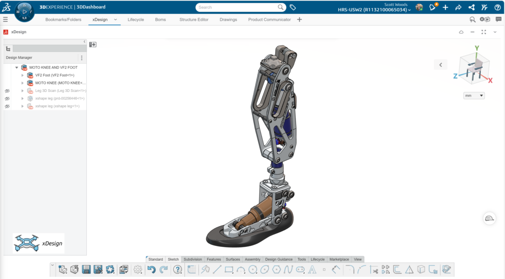 A full prosthetic leg assembly in xDesign in the 3DEXPERIENCE platform